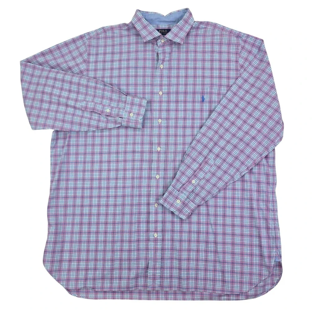 Polo Ralph Lauren Plaid Button Down Shirt Mens 2XLT Pink Blue Cotton Stretch